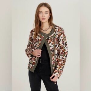 Something Navy Floral Bomber Jacket with Olive Trim
